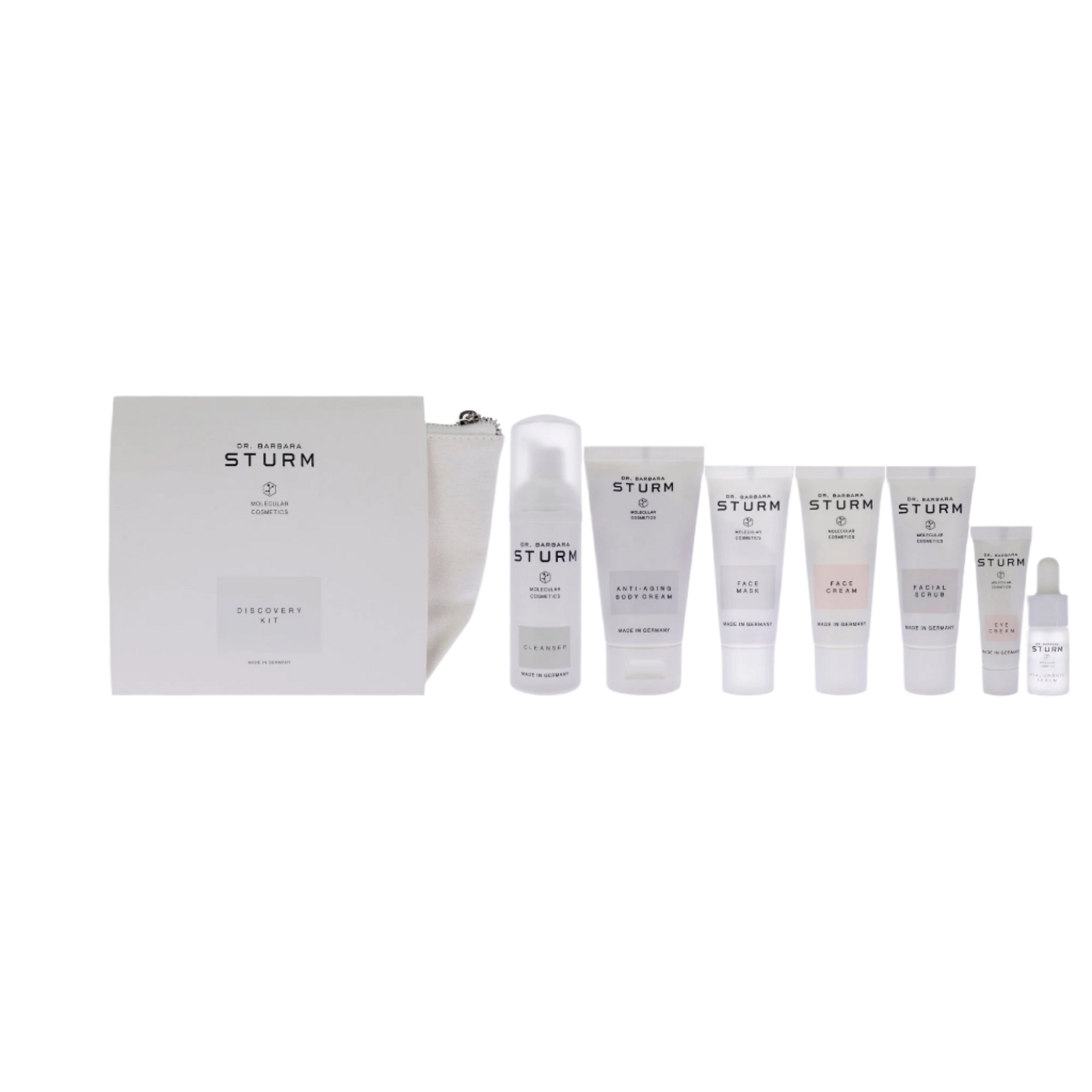 Discovery - 8 Pc Kit Cleanser, Facial Scrub, Face Mask, Hyaluronic Serum, Eye Cream, Face Cream, Anti Aging Body Cream, Pouch