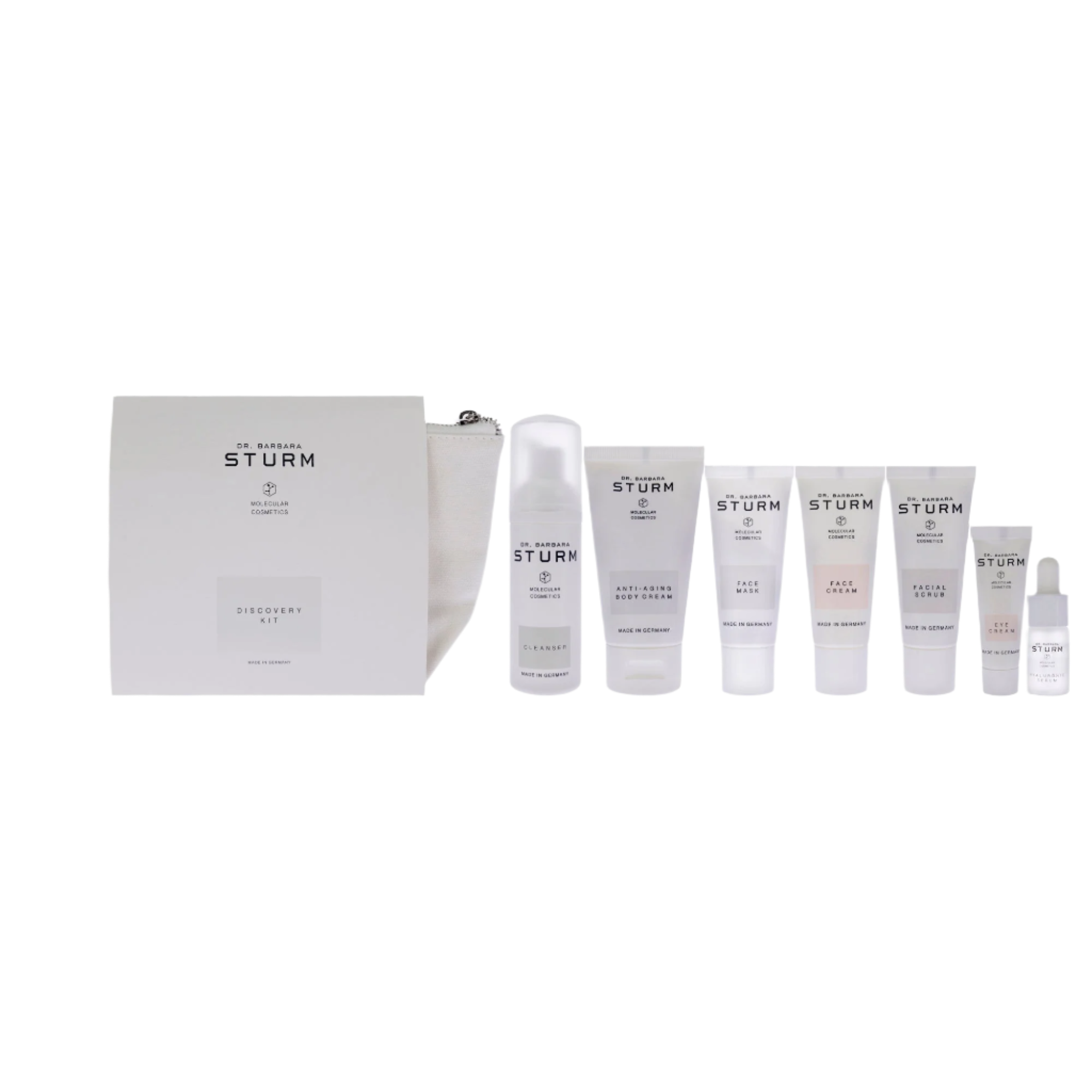 Discovery - 8 Pc Kit Cleanser, Facial Scrub, Face Mask, Hyaluronic Serum, Eye Cream, Face Cream, Anti Aging Body Cream, Pouch