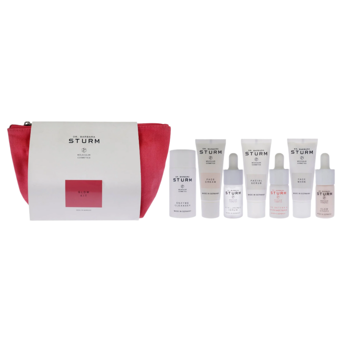 Glow - 8 Pc Kit Facial Scrub, Face Mask, Hyaluronic Scrum, Face Cream, Glow Drops, Enzyme Cleanser, The Better B Niacinamide Serum, Pouch