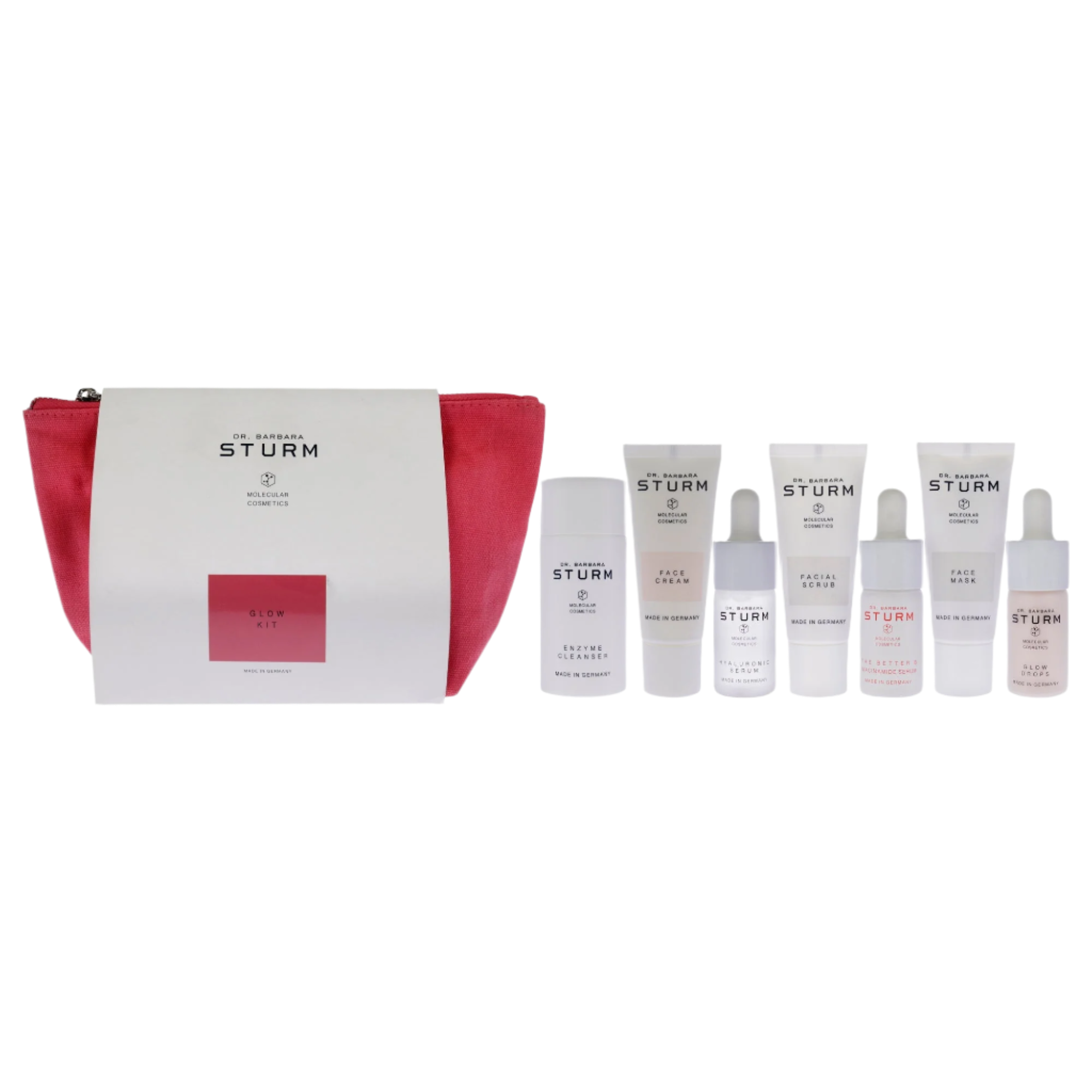 Glow - 8 Pc Kit Facial Scrub, Face Mask, Hyaluronic Scrum, Face Cream, Glow Drops, Enzyme Cleanser, The Better B Niacinamide Serum, Pouch